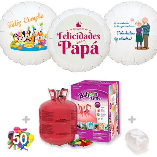 Pack Globos Cumpleaños: Helio grande +1 Globo Personalizado A Todo Color + 50 Globos surtidos