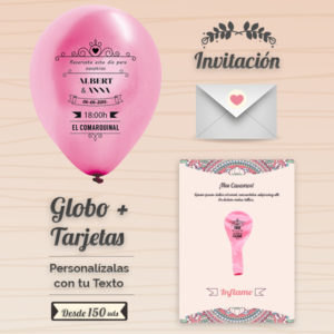Invitaciones Boda Globos y Tarjeta Personalizados + Sobre | 25 cm Metalizados | Diseño 2